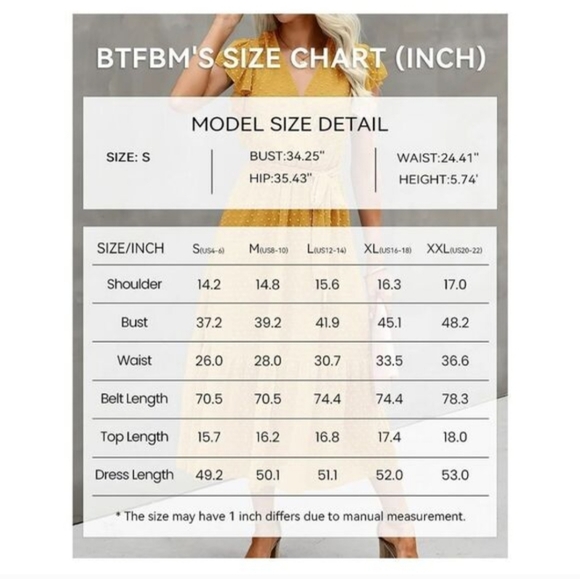 BTFBM Women's 2023 Summer Wrap V Neck Dress Ruffle Sleeve Swiss Dot Boho Sz M - Picture 8 of 16